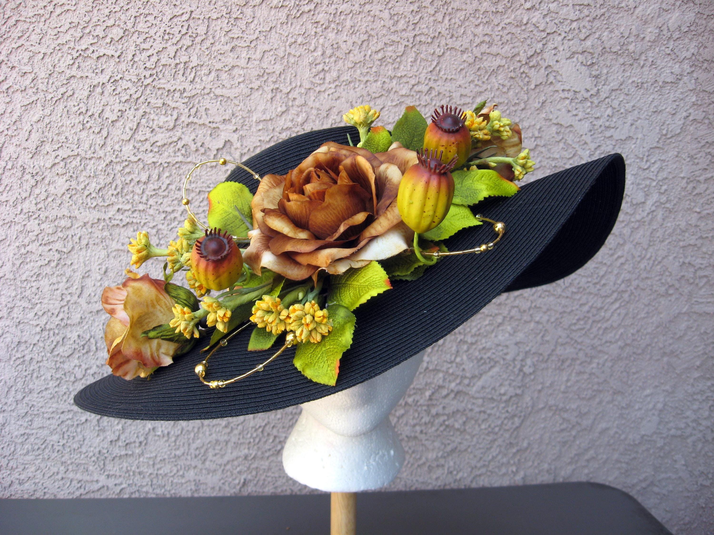 Elegant Black and Gold Floral Hat With Wide Brim And Large Roses. Extra Wide Brim Black Hat With Antique Gold Roses - Size  main image 2