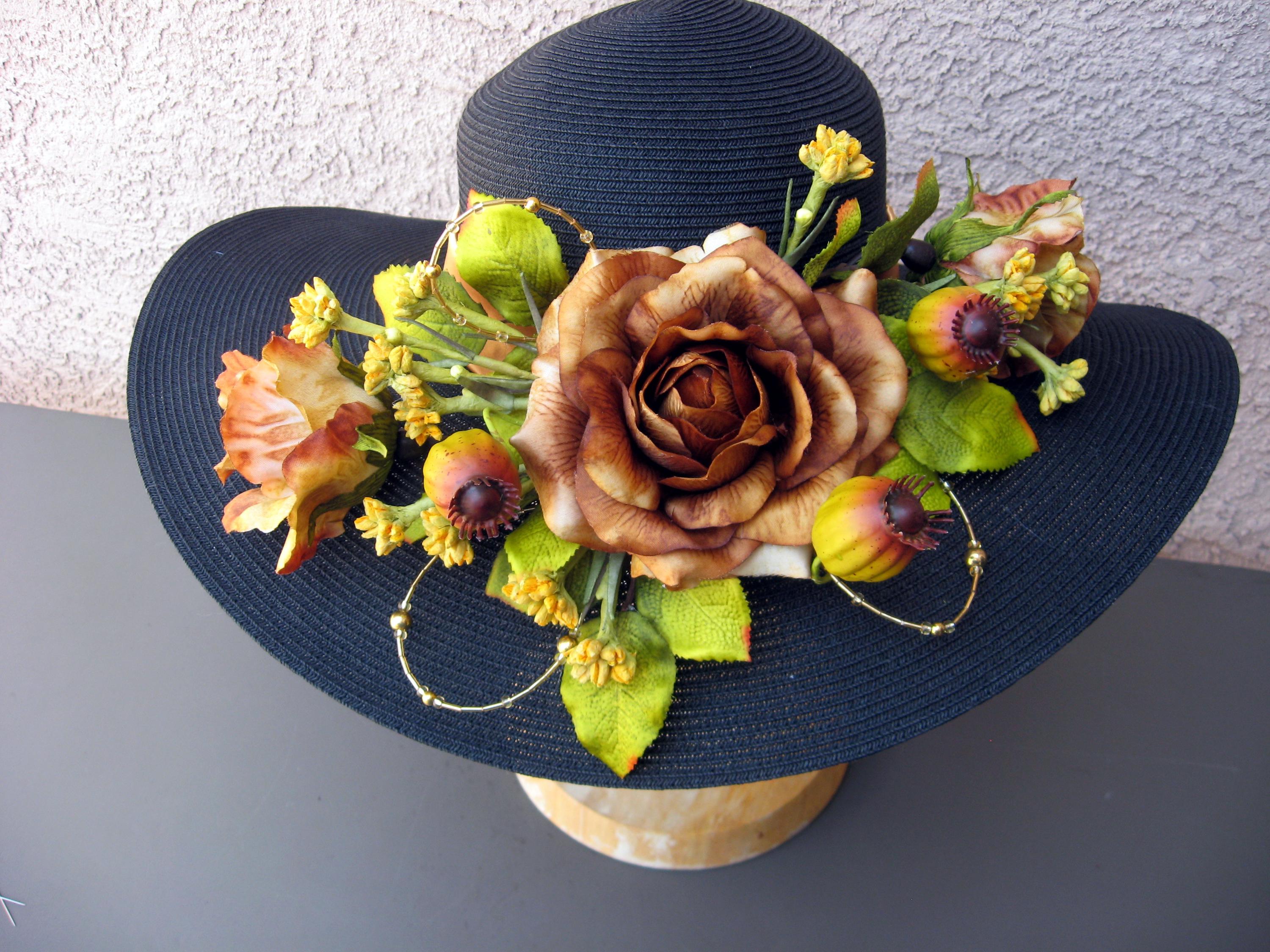 Extra Wide Brim Black Hat With Antique Gold Roses - Size 