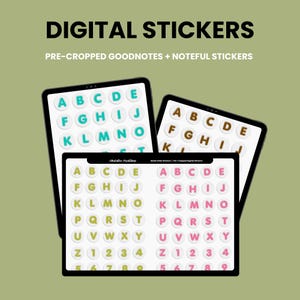 May include: Digital stickers displayed on three tablet screens, featuring alphabet and number sets in teal, brown, yellow, and pink. The text reads DIGITAL STICKERS, PRE-CROPPED GOODNOTES + NOTEFUL STICKERS, and cordalee creations.