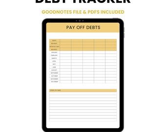 May include: A digital debt tracker on a black tablet. The screen displays a spreadsheet for managing debts, with sections for balance and monthly amounts. The text at the top reads "DEBT TRACKER" and "PAY OFF DEBTS". The image also states "GOODNOTES FILE & PDFs INCLUDED" and "4 COLOR OPTIONS INCLUDED".