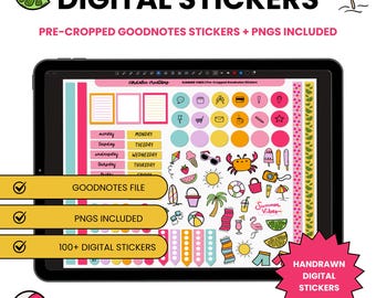 Pegatinas digitales Summer Vibes: Tema playero dibujado a mano - Goodnotes, iPad Planner