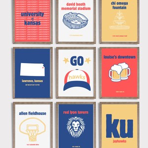 May include: A collection of nine framed wall art prints featuring University of Kansas themes. Designs include the stadium, Chi Omega fountain, a map of Kansas, a baseball cap, beer mugs, Allen Fieldhouse, a lion head, and the letters KU.