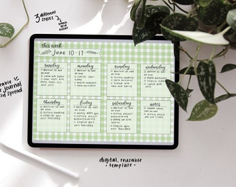 Green Gingham Bullet Journal Printable Weekly Spread