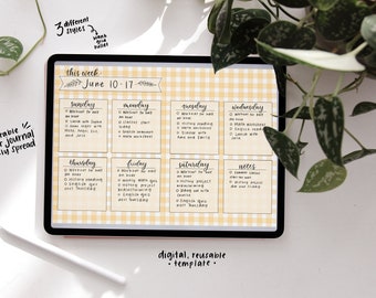 Yellow Gingham Bullet Journal Printable Weekly Spread