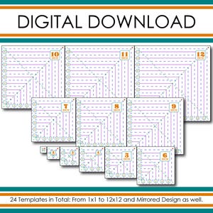 May include: A set of 24 printable quilt block templates in various sizes, ranging from 1 inch to 12 inches. The templates are designed for creating quilt blocks with a diagonal pattern.
