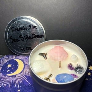 French Lilac Crystal Candle, Seaside Dream, seashells, charms