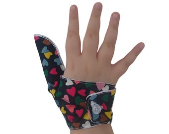 Thumb guard to end thumb sucking and other habits quickly.  Can be pulled off by babies and toddlers. Toddler cuff available separately.