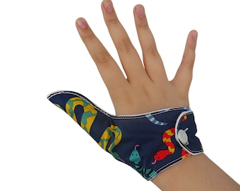 Thumb-sucking habit breaker. A Fabric thumb glove with moisture-resistant lining to help stop thumb sucking habits