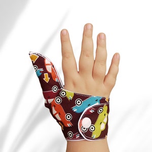 Thumb sucking, thumb guard, car themed fabric burgundy background, help children stop thumbsucking. May be pulled off by babies & toddlers.