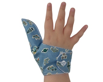 Thumb guard to stop thumb sucking  and other habits quickly.  Can be pulled off by babies and toddlers. Toddler cuff available separately.