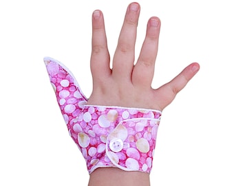 Thumb glove guard to deter thumb sucking habits. Moisture resistant lining. Fastening choice. May be pulled off by babies and toddlers.