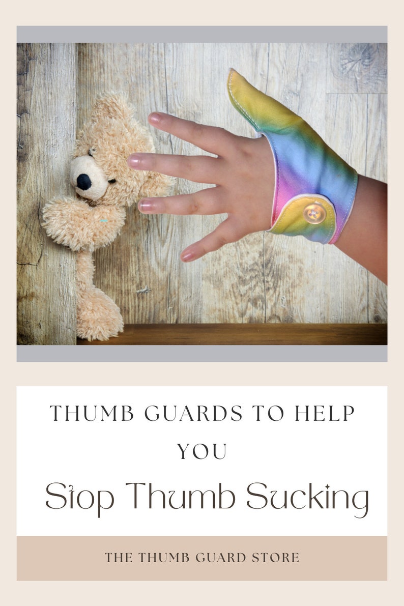 A  fabric thumb guard to help deter thumb-sucking habits.  Suitable for all ages. Features a pastel rainbow design.  Moisture-resistant lining. Choice of fastenings. The Thumb Guard Store.