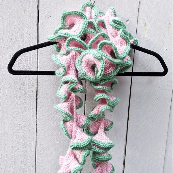 Pink Ruffle Scarf with Green Trim, Curly Scarf, Pretty Soft and Cozy Scarf, Spring Colors