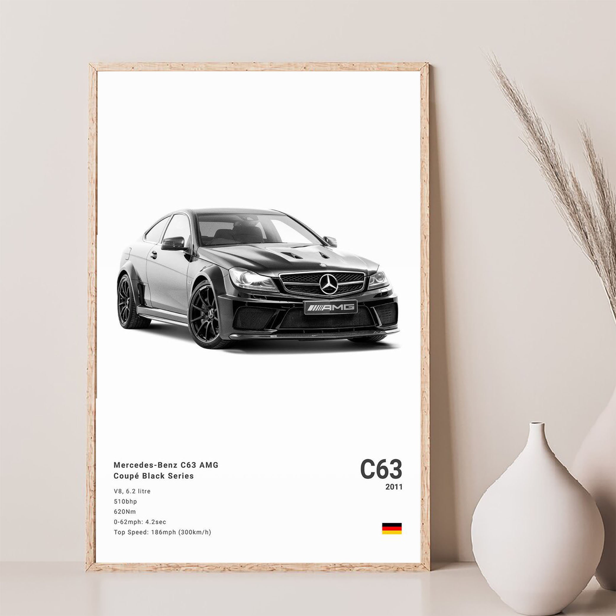 Mercedes Benz C63 AMG Black Series 2011 Poster, Mid Century Modern Car  Poster, Retro Minimalist Wall Art 