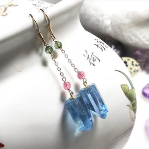 14k Gold Filled Aquamarine Gemstone Point earrings ,March birthstone,Tourmaline, Gift