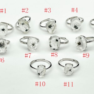 K&ouml;nnte beinhalten: Elf verstellbare Ringe mit ovalen, transparenten Harzfassungen, die jeweils ein schwarz-wei&szlig;es Blumenelement enthalten. Die Ringe haben silberfarbene B&auml;nder und werden vor einem wei&szlig;en Hintergrund pr&auml;sentiert. Die Ringe sind von 1 bis 11 nummeriert.