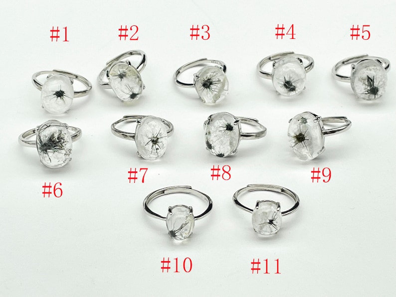 K&ouml;nnte beinhalten: Elf verstellbare Ringe mit ovalen, transparenten Harzfassungen, die jeweils ein schwarz-wei&szlig;es Blumenelement enthalten. Die Ringe haben silberfarbene B&auml;nder und werden vor einem wei&szlig;en Hintergrund pr&auml;sentiert. Die Ringe sind von 1 bis 11 nummeriert.