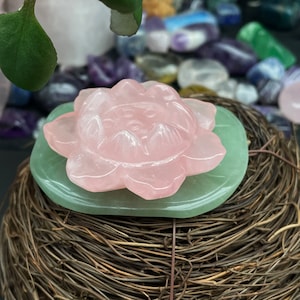 Rose Quartz Crystal, Green Avdeenturine  Carved Lotus Flower Leaf, Sphere Stand,Healing Crystals and Stones E012213