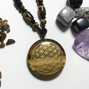 Colgante de flor de la vida de cristal de cuarzo ojo de tigre natural, con collar de cuentas, curación Reiki