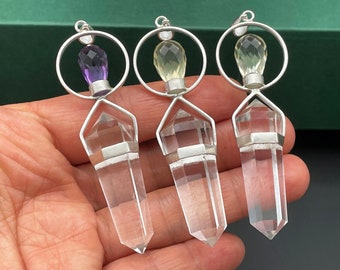 6 sided Vogel Style Crystal Pendant, Faceted Amethyst Citrine, Gemstone Jewelry Gift, Sterling Silver, Healing Crystals A051501