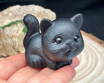 Natural Obsidian Carved Cat ,Quartz Crystal , kitten Figurine ,Housewarming Gift, Home Decor D052341