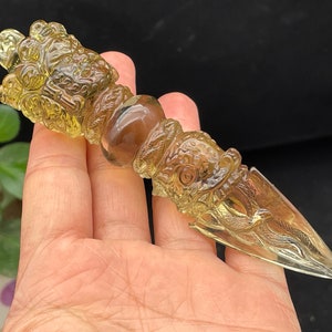 Yellow Crystal ,Hand Crafted Powerful Three Faces ,Carved Skull,Buddhist Ceremonial ,Amulet Carved Vajrakila Phurba Healing D071937