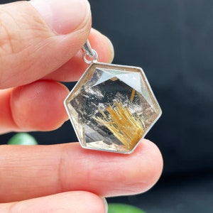 Gold Rutilated Crystal Prism Pendant ,Star of David,Standard Silver, Jewelry Making Hexagon, Healing Crystals Stones D071127