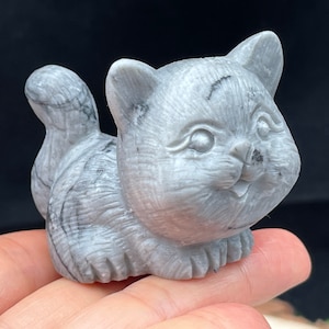 Black Network Stone Carved Cat ,Quartz Crystal , kitten Figurine ,Housewarming Gift, Home Decor D052340