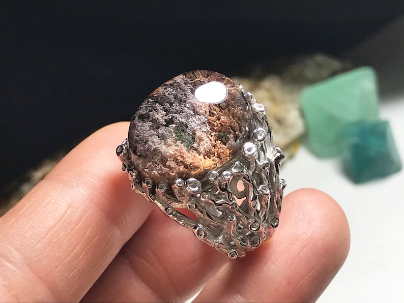 Finger Ring 0150 silver 925 Healing Reiki Energy,Men Natural color phantom Natural Quartz crystal