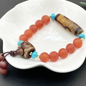 Du Mu Dzi Bead Tibetan, 3 eye Dzi Bracelet, Beads Agate, Amulet Talisman Bracelet ,Big Man Da Ren E071806
