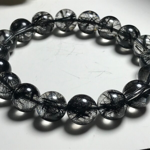 Bracelet noir Rutilate, cristal de Quartz naturel, rond Bracelet élastique de perles, Reiki guérison Energ, cadeau AAAAA