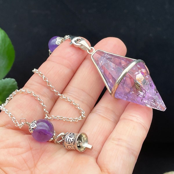 Natürliches Amethyst Kristall Pendel,Sterling Silber Schmuck,Reiki Heilung Meditation,Geschenk D080921