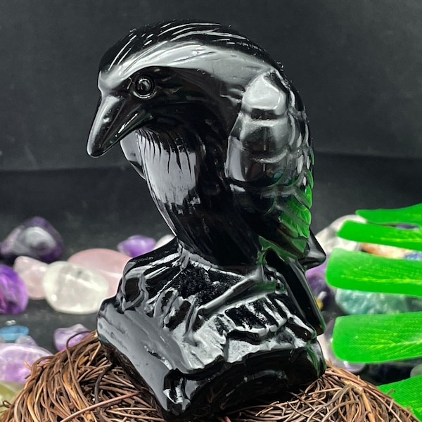 Natural Obsidian Crow, Hand Carved, Housewarming Gift, Home Decor, Reiki Healing E115502