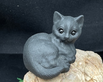 Natural Obsidian Carved Cat ,Quartz Crystal , kitten Figurine ,Housewarming Gift, Home Decor