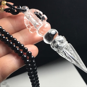 Clear Natural Quartz Crystal Amulet,Carved dorje phurba,Reiki Healing , Beads Adjustable Necklace,Energy Spiritual