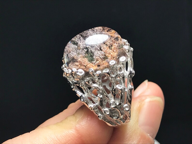 Finger Ring 0150 silver 925 Healing Reiki Energy,Men Natural color phantom Natural Quartz crystal
