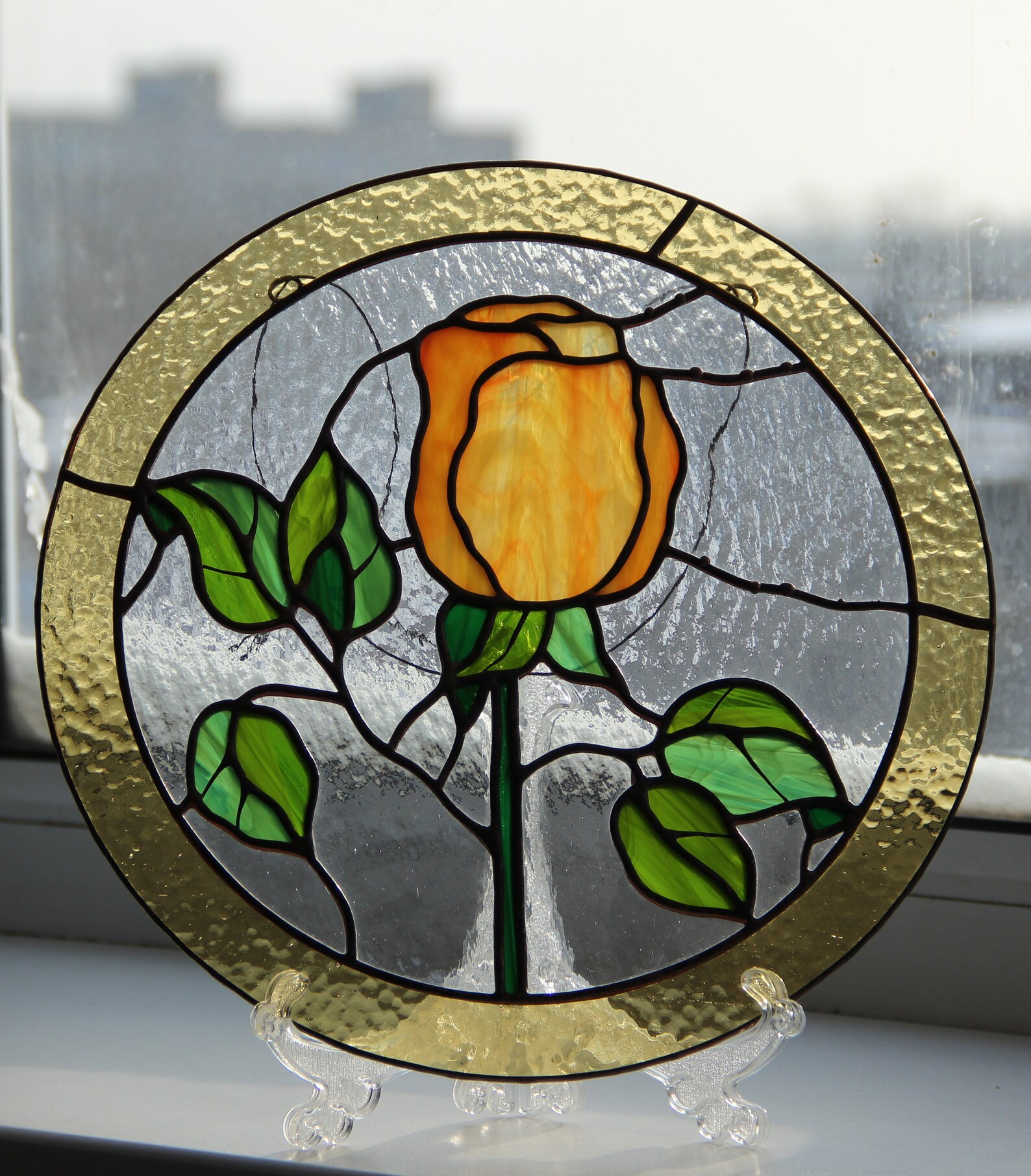 Stained Glass yellow rose Flower window panel art Custom | Etsy