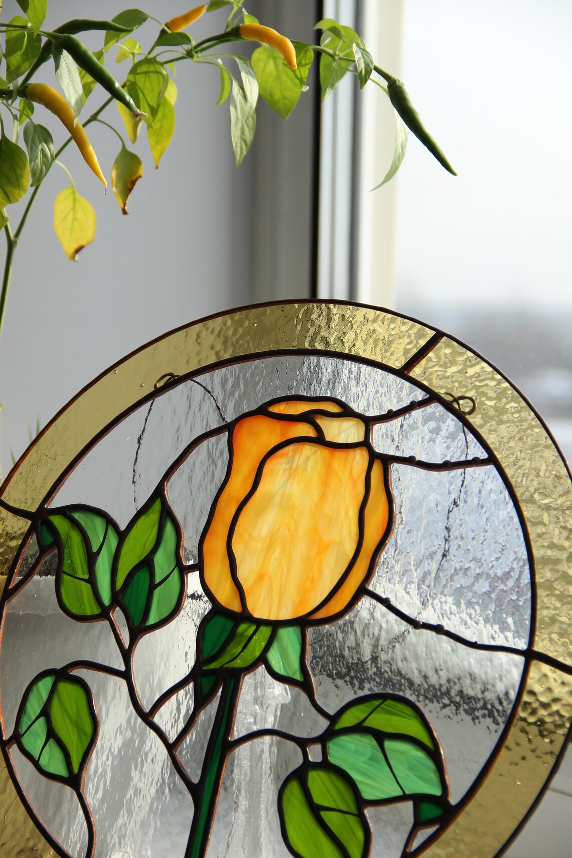 Stained Glass yellow rose Flower window panel art Custom | Etsy