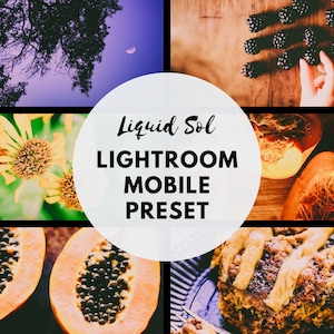 May include: A collage of images showcasing a Lightroom Mobile preset called "Liquid Sol". The images include a papaya, a pumpkin, blackberries, a sunflower, and a baked good.