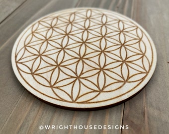 Flower of Life - Sacred Geometry - Laser Engraved Wooden Crystal Grid - Yoga and Meditation Guide - Coffee and Tea Drink Coaster - In Bulk