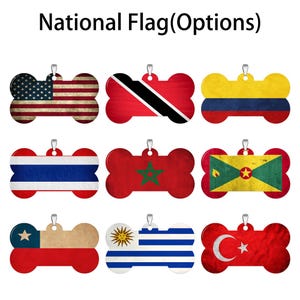Pet ID Tag for dogs Personalized custom dog tags Stainless Steel Plate Bone Shaped with Pet's Name Contact Information Country Flag Pattern