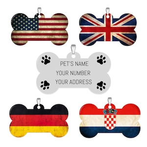 Pet ID Tag for dogs Personalized custom dog tags Stainless Steel Plate Bone Shaped with Pet's Name Contact Information Country Flag Pattern