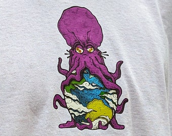 Octopus Tshirt, Cthulhu Earth Eater, Funny Hand Drawn Design, Stoner Tee