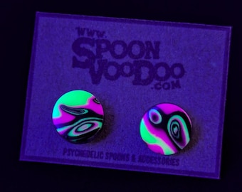 Ear Studs, Psychedelic UV Reactive Purple and Green | Matching Pair