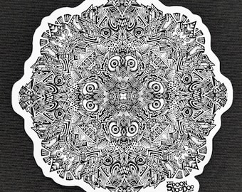 Psychedelic Mandala Sticker: Hand-Illustrated Glossy Vinyl Art