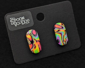 Oval UV Reactive Earrings, Psychedelic Neon Rainbow Wavy Studs