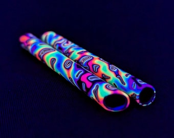 UV Travel Straw Tube, Portable Brass Tube with Psychedelic Neon Rainbow Pattern. (1)