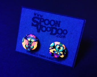 Ear Studs, UV Reactive, Psychedelic Multicolor | Matching Pair