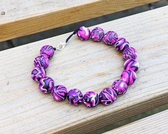 Beaded Bracelet, Purple Psychedelic Pattern, Trippy Friendship Bangle
