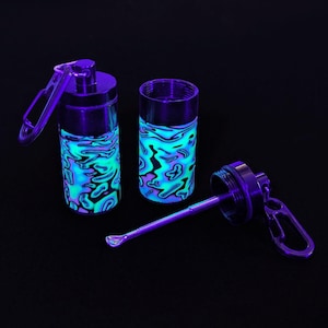 UV Stash Box, Psychedelic Portable Earplug Container, Blue Turquoise with Necklace or Clip.